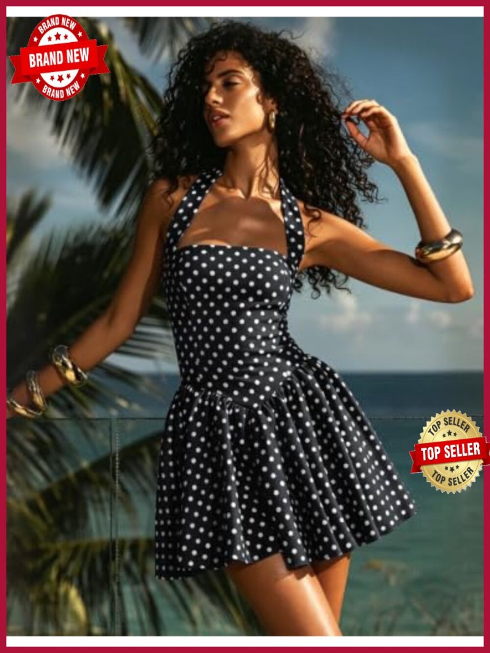 Polka Dot Halter Mini Dress V-Shaped Waist Smocked Back Vacation - Picture 5 of 6